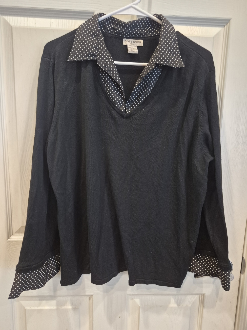Notations Black V-Neck Sweater with Polka Dot Trim